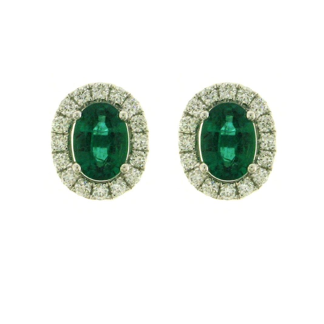 18K White Gold Oval Emerald with Diamond Halo Stud Earrings