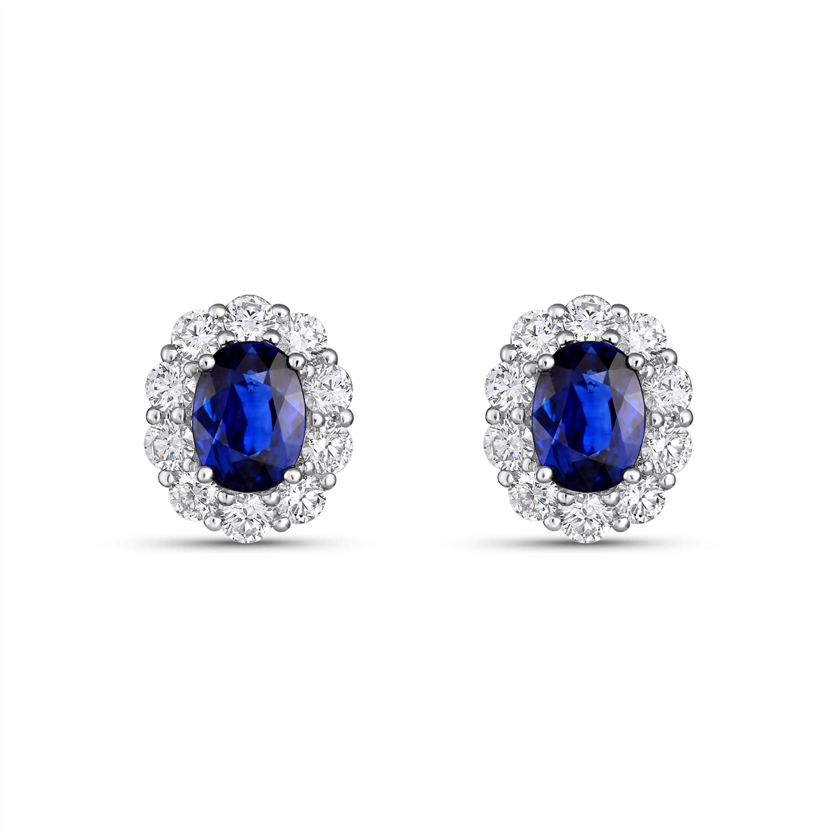 18K White Gold Oval Sapphire and Diamond Stud Earrings