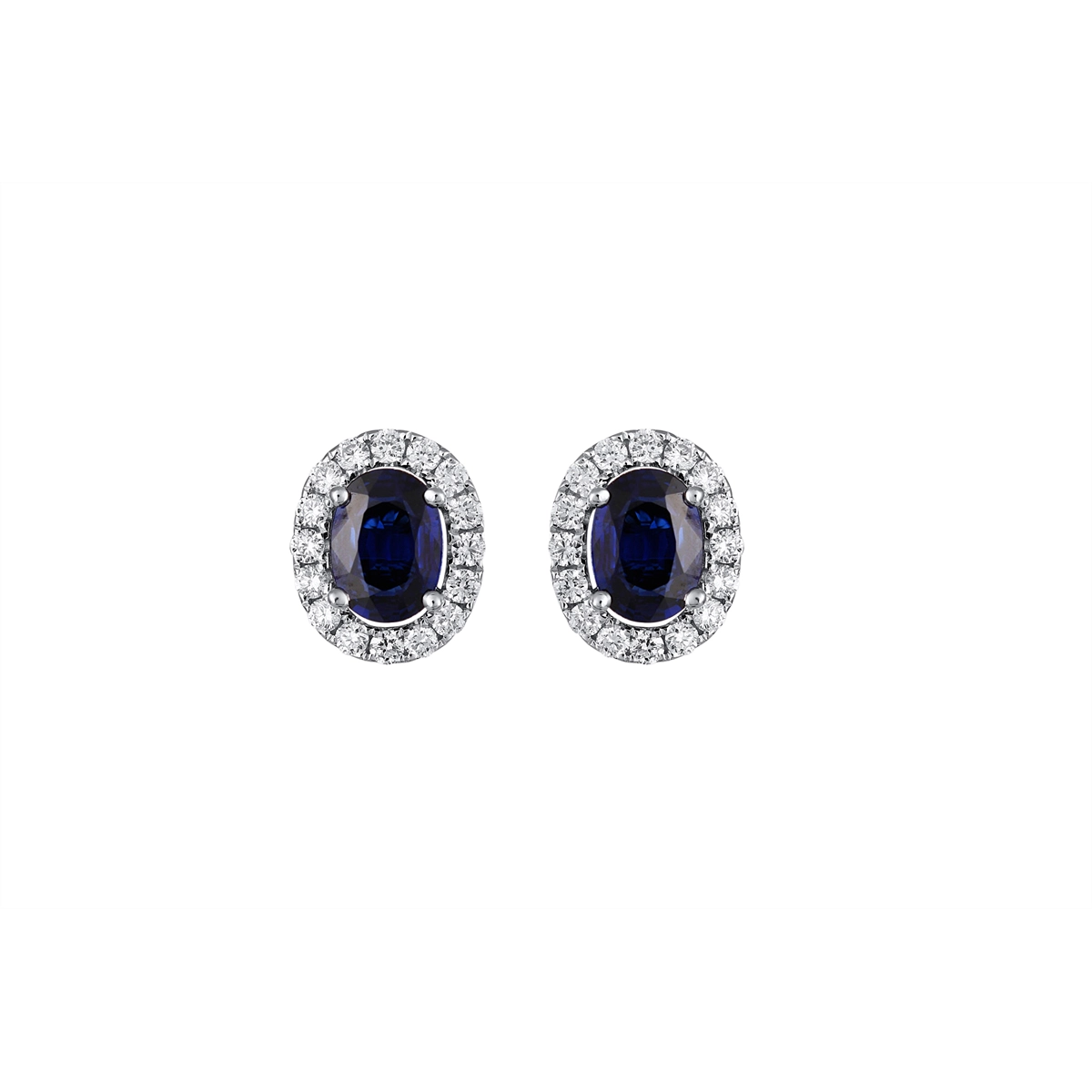 18K White Gold Oval Sapphire with Diamond Halo Stud Earrings