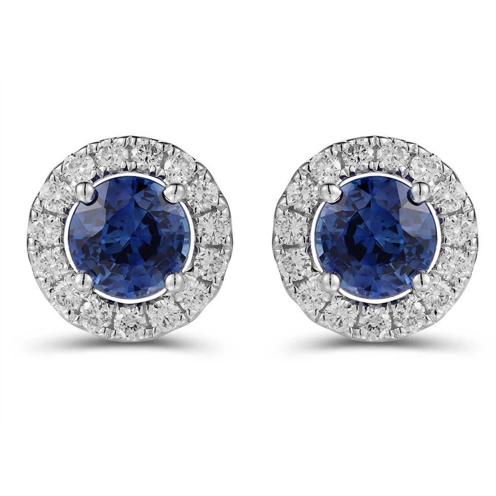 18K White Gold Round Sapphire with Diamond Halo Stud Earrings