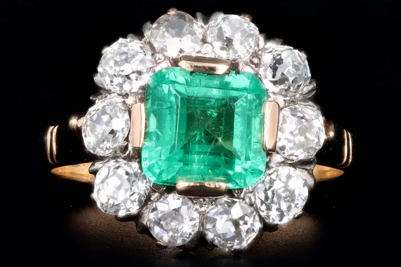 18K Yellow Gold 1.0 Carat Natural Emerald & Diamond Halo Cluster Ring