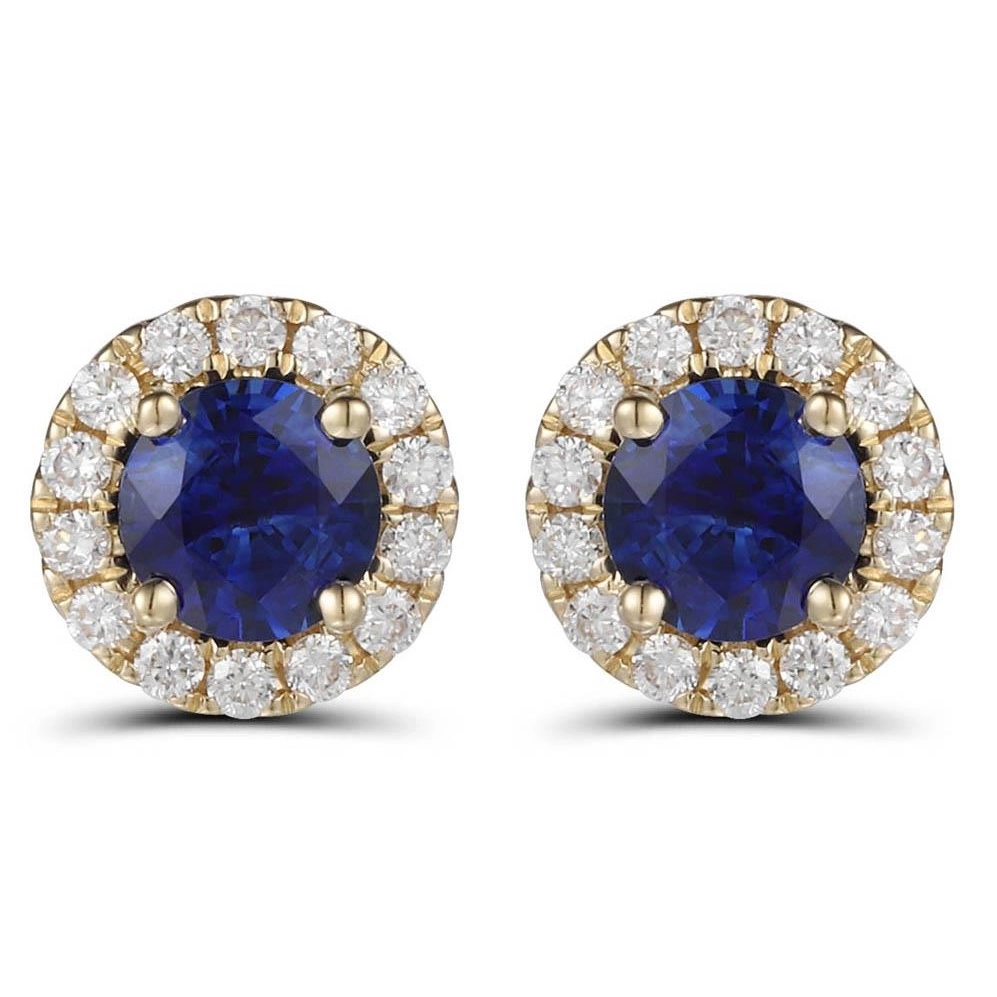 18K Yellow Gold Round Sapphire with Diamond Halo Stud Earrings