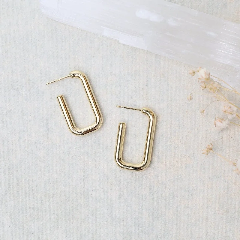 14K Small Rounded Rectangle J Hoop Earrings