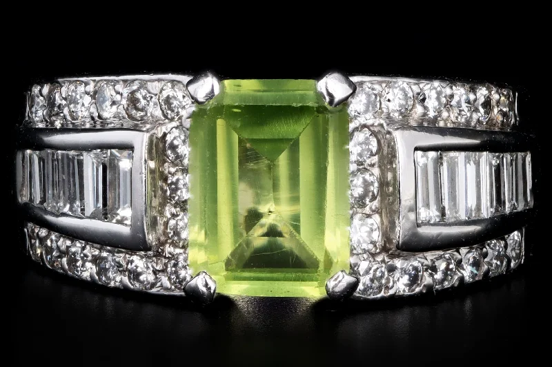 14K White Gold 1.35 Carat Emerald Cut Peridot & Diamond Ring