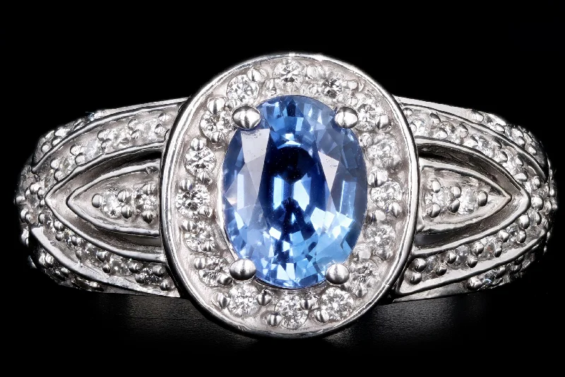 14K White Gold 1.71 Carat Natural Sapphire & Diamond Halo Ring