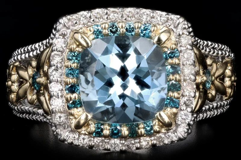 14K Two Tone Gold 2.0 Carat Aquamarine & Blue Diamond Ring