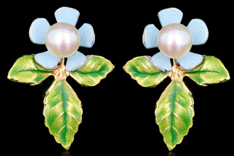 Vintage 14K Yellow Gold Enamel & Cultured Pearl Flower Stud Earrings