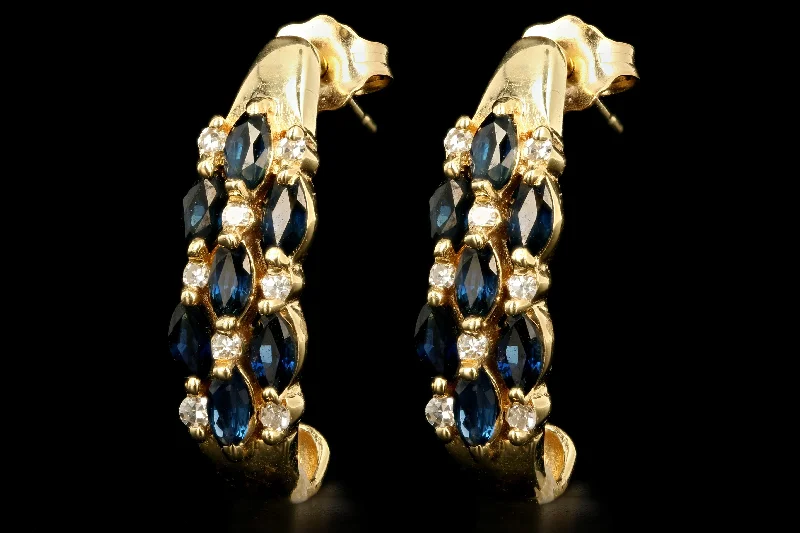 Vintage 14K Yellow Gold Natural Sapphire & Diamond Hoop Earrings