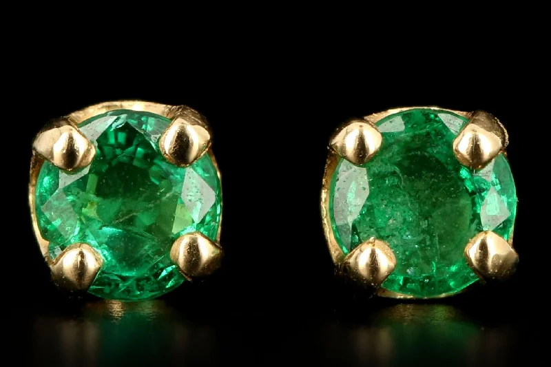 Modern 14K Yellow Gold .25 Carat Total Weight Round Natural Emerald Stud Earrings