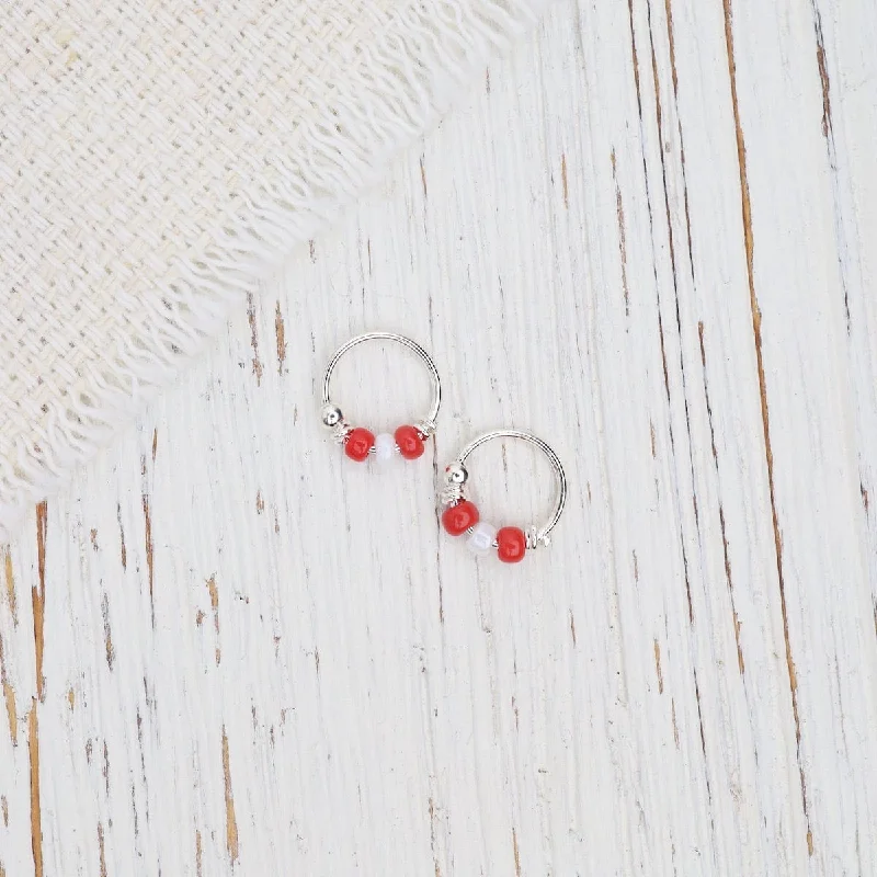 8mm Sterling Silver Sleeper Hoops with Red Beads