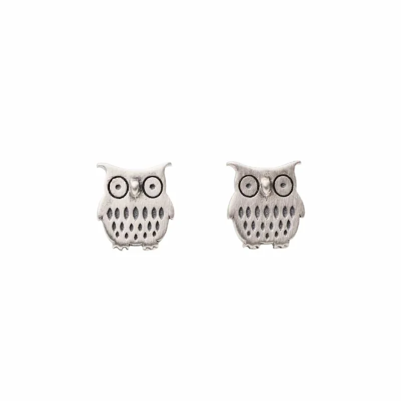 Owl Stud Earrings - Brushed Sterling Silver