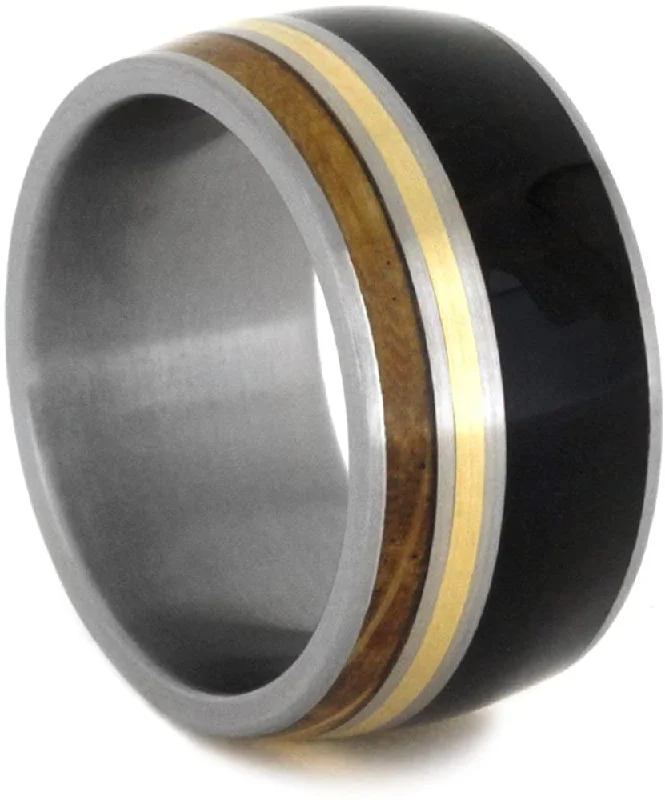 African Blackwood, Whiskey Barrel Wood, 14k Yellow Gold 10mm Comfort-Fit Brushed Titanium Ring, Size 12.5