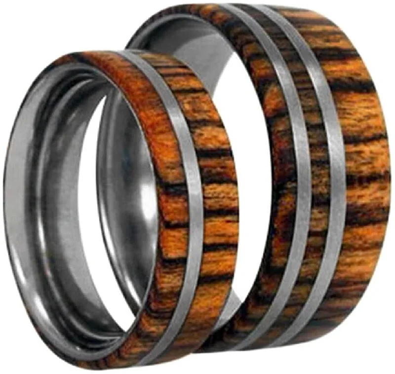 Amazon Rosewood, Titanium Pinstripes Ring, Couples Wedding Band Set, M15.5-F5.5