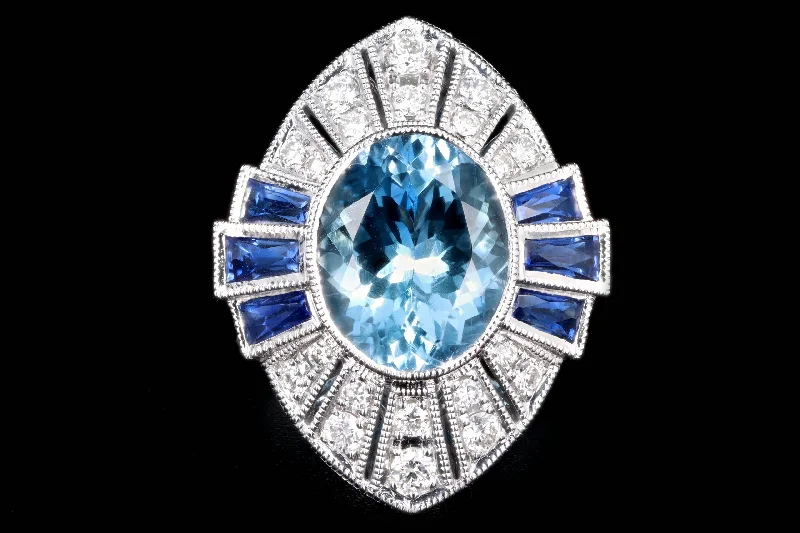 Art Deco Style 18K White Gold 2.35 Carat Aquamarine & Sapphire Ring