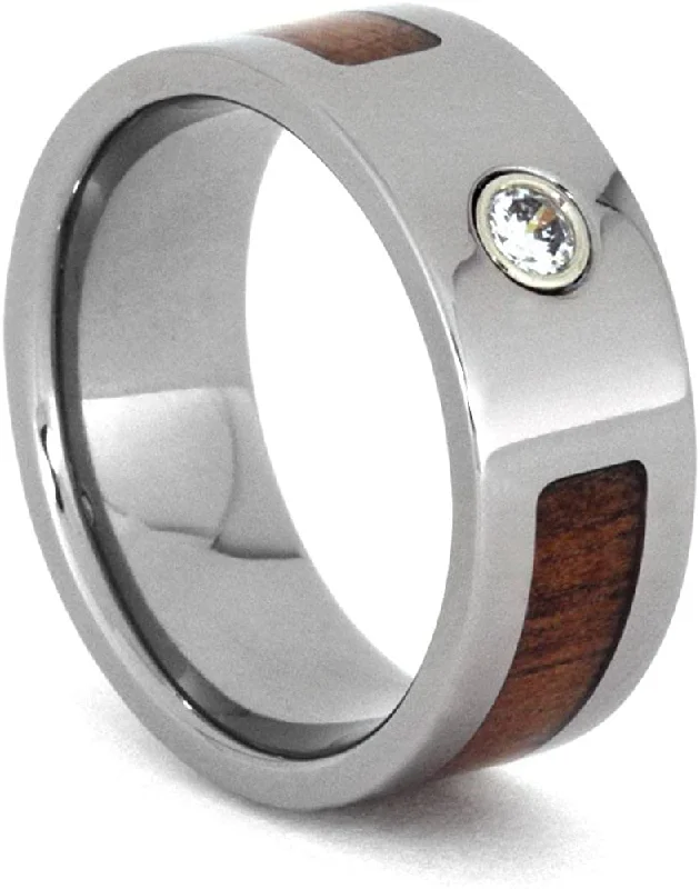 Bezel Set Diamond, Koa Wood 8mm Comfort-Fit Titanium Wedding Band, Size 4.75