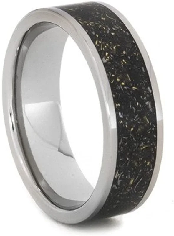 Black Meteorite Ring with 14k Yellow Gold Flecks 7mm Comfort-Fit Titanium Band, Size 10.25