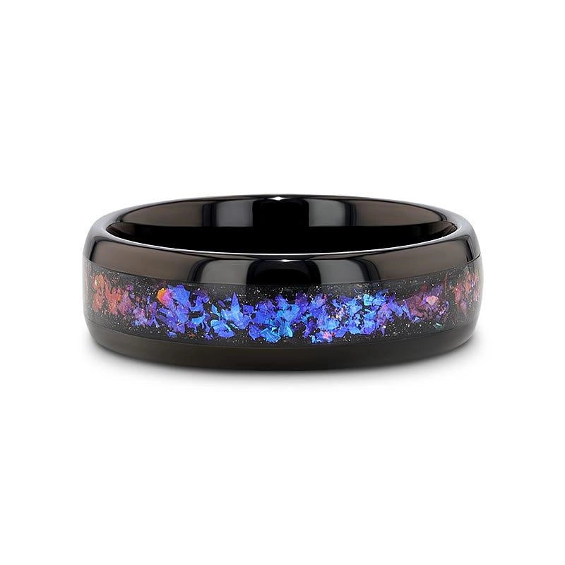 Black Tungsten Ring with Crushed Alexandrite and Dark Blue and Purple Crushed Goldstone