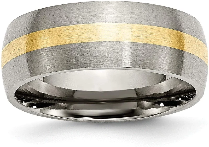 Brushed Titanium, 14k Yellow Gold Inlay 8mm Dome Band, Size 11