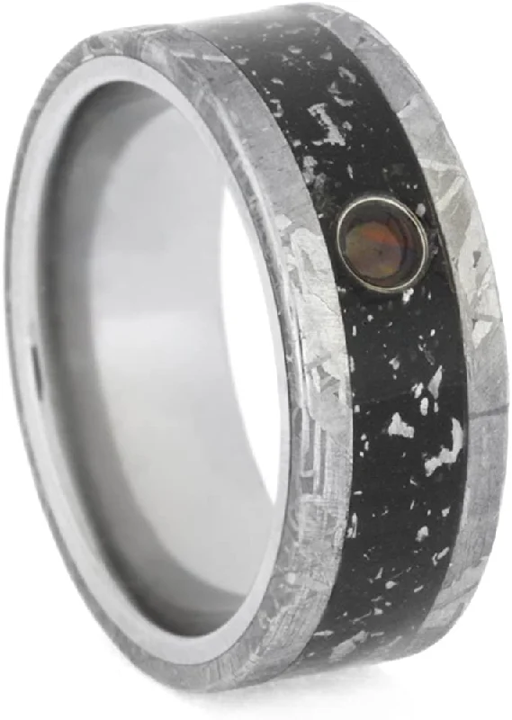 Cabochon Opal, Black Stardust Inlay, Gibeon Meteorite 8.5mm Comfort-Fit Titanium Wedding Band, Size 15.5