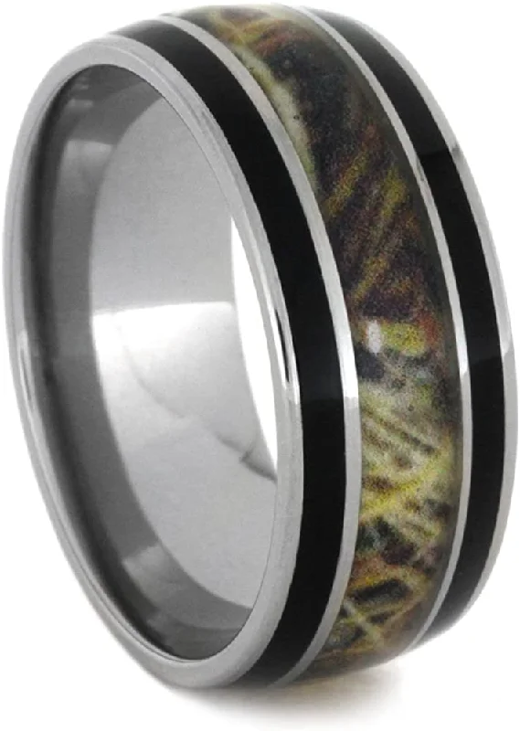 Camo, Black Enamel Stripes 9mm Comfort-Fit Titanium Wedding Band, Size 15.5