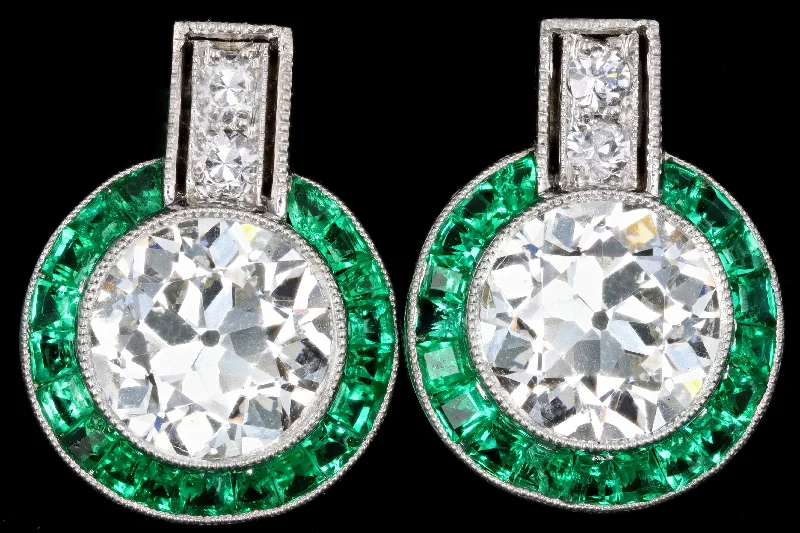 Art Deco Platinum Old European Cut Diamond & Emerald Stud Earrings