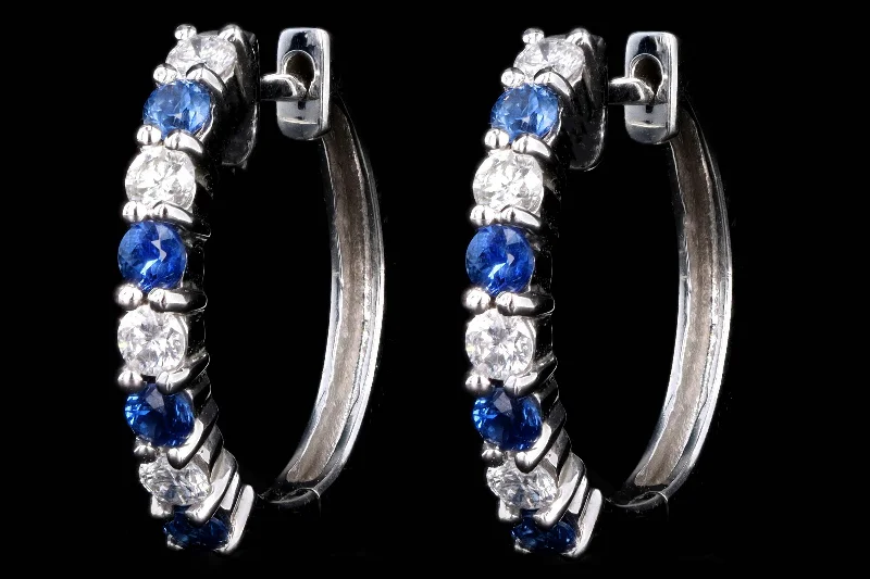 Modern 14K White Gold Sapphire & Diamond Hoop Earrings