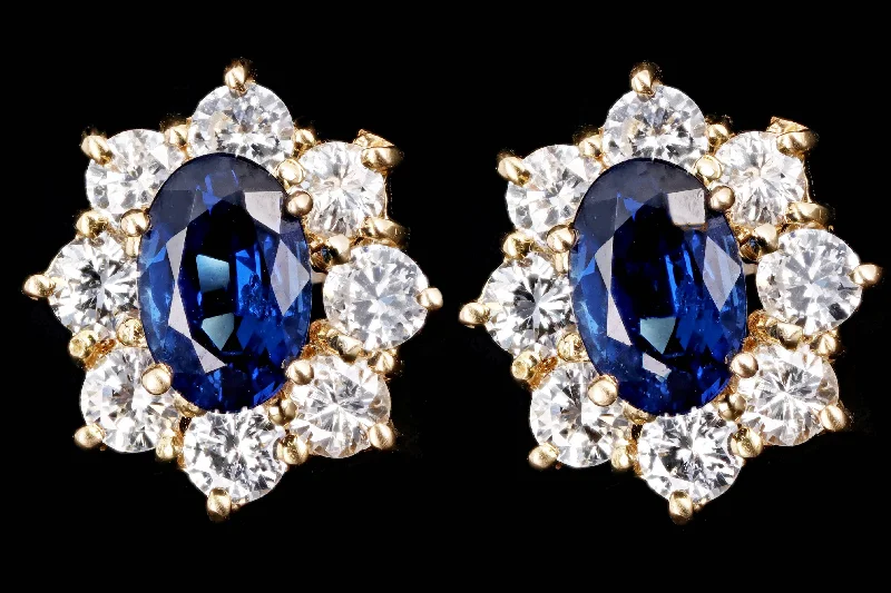 Modern 14K Yellow Gold Sapphire & Diamond Halo Stud Earrings