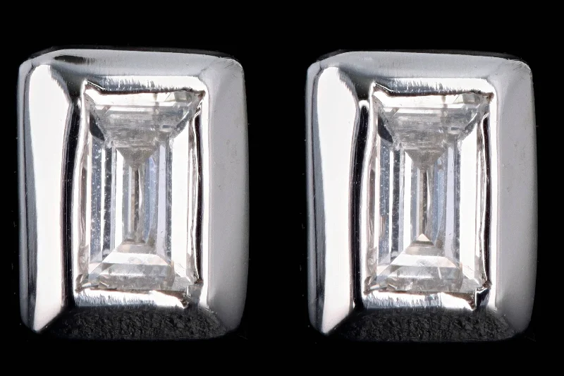 New 14K Gold Baguette Cut Diamond Bezel Set Stud Earrings