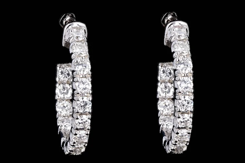 New 14K White Gold 2.59 Carat Round Brilliant Diamond Hoop Earrings