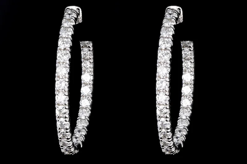 New 14K White Gold 4.31 Carat Total Weight Round Brilliant Diamond Hoop Earrings