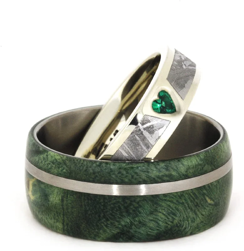 Created Emerald, Gibeon Meteorite 14k White Gold Ring and Green Box Elder Burl Wood Titanium Band, Couples Ring Set, M13.5-F7.5