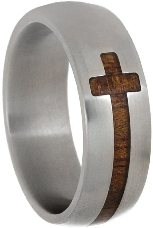 Cross Koa Wood Inlay 8mm Comfort-Fit Matte Titanium Wedding Band, Size 7.75