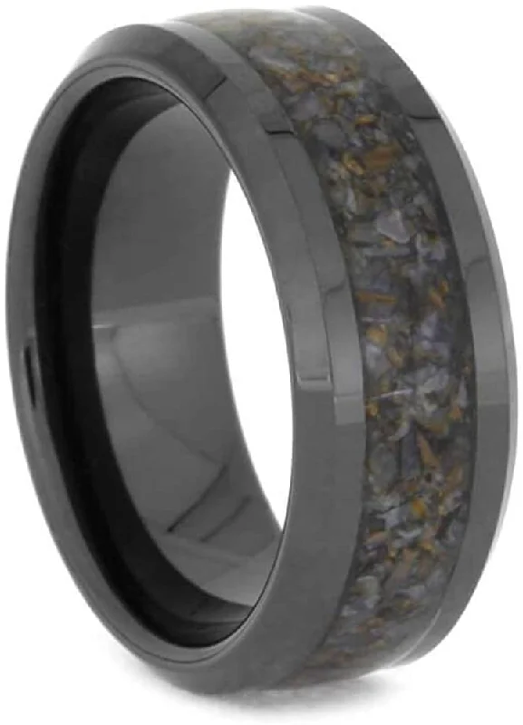 Crushed Dinosaur Bone 8mm Comfort-Fit Black Ceramic Sleeve Wedding Band, Size 12