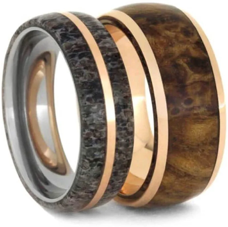 Deer Antler, 14k Rose Gold Titanium Band and Black Ash Burl Wood, 14k Rose Gold Titanium Band Couples Wedding Bands Sizes M14.5-F8.5