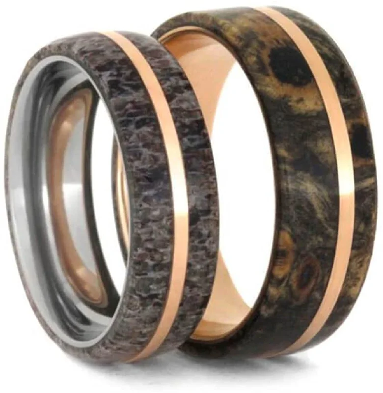 Deer Antler, 14k Rose Gold Titanium Band and Buckeye Burl Wood, 14k Rose Gold Titanium Band Couples Wedding Bands Sizes M9.5-F8