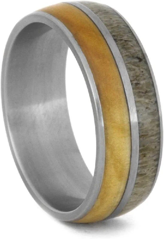 Deer Antler, Birch Wood 8mm Comfort-Fit Matte Titanium Wedding Band, Size 5.5