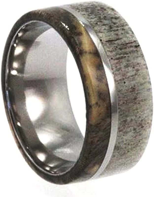 Deer Antler, Buckeye Burl 11mm Comfort Fit Titanium Wedding Band, Size 15.25