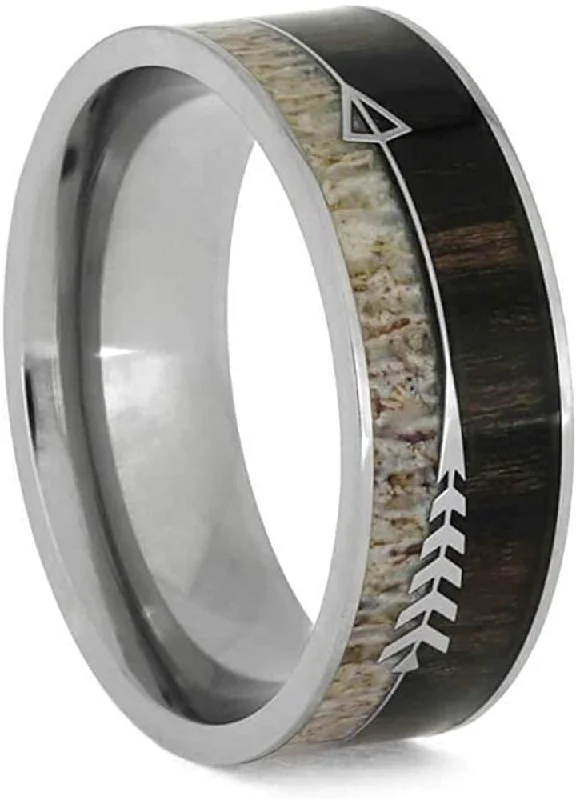 Deer Antler, Ironwood, Sterling Silver Arrow 8mm Titanium Comfort-Fit Wedding Band, 14.5