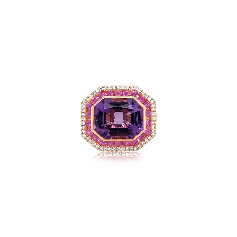 Diamond and Pink Sapphire Ring With Purple Amethyst Center