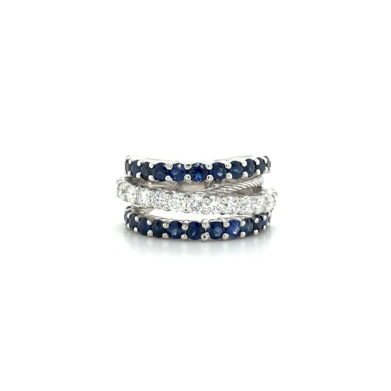 Diamond and Sapphire Three Row Crossover Ring