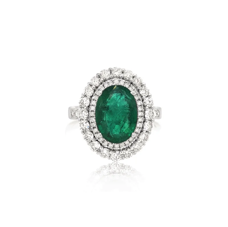 Diamond-Framed Oval Emerald Ring