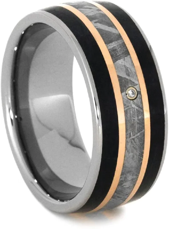 Diamond, Gibeon Meteorite, 14k Rose Gold, Petrified Wood 9mm Comfort-Fit Titanium Wedding Band , Size 9.25