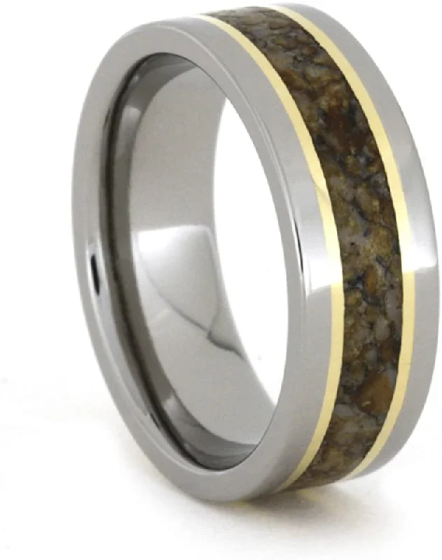 Dinosaur Bone, 18k Yellow Gold 7mm Comfort-Fit Titanium Band, Size 8.5