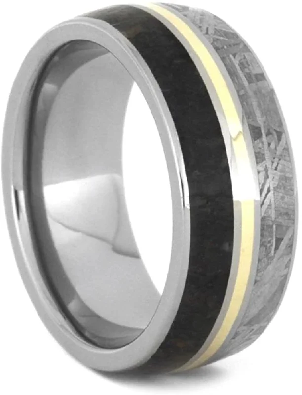 Dinosaur Bone, Gibeon Meteorite, 14k Yellow Gold 9mm Titanium Comfort-Fit Wedding Band, Size 15.5