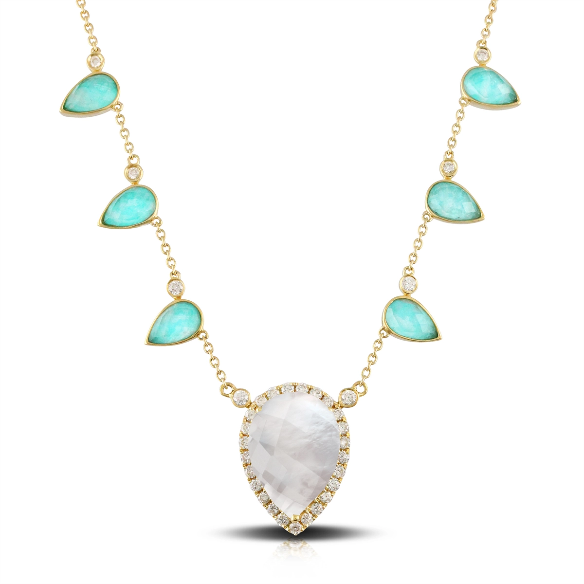 Doves 18K Yellow Gold Clear Quartz over Mother of Pearl and Clear Quartz over Amazonite Diamond Necklace