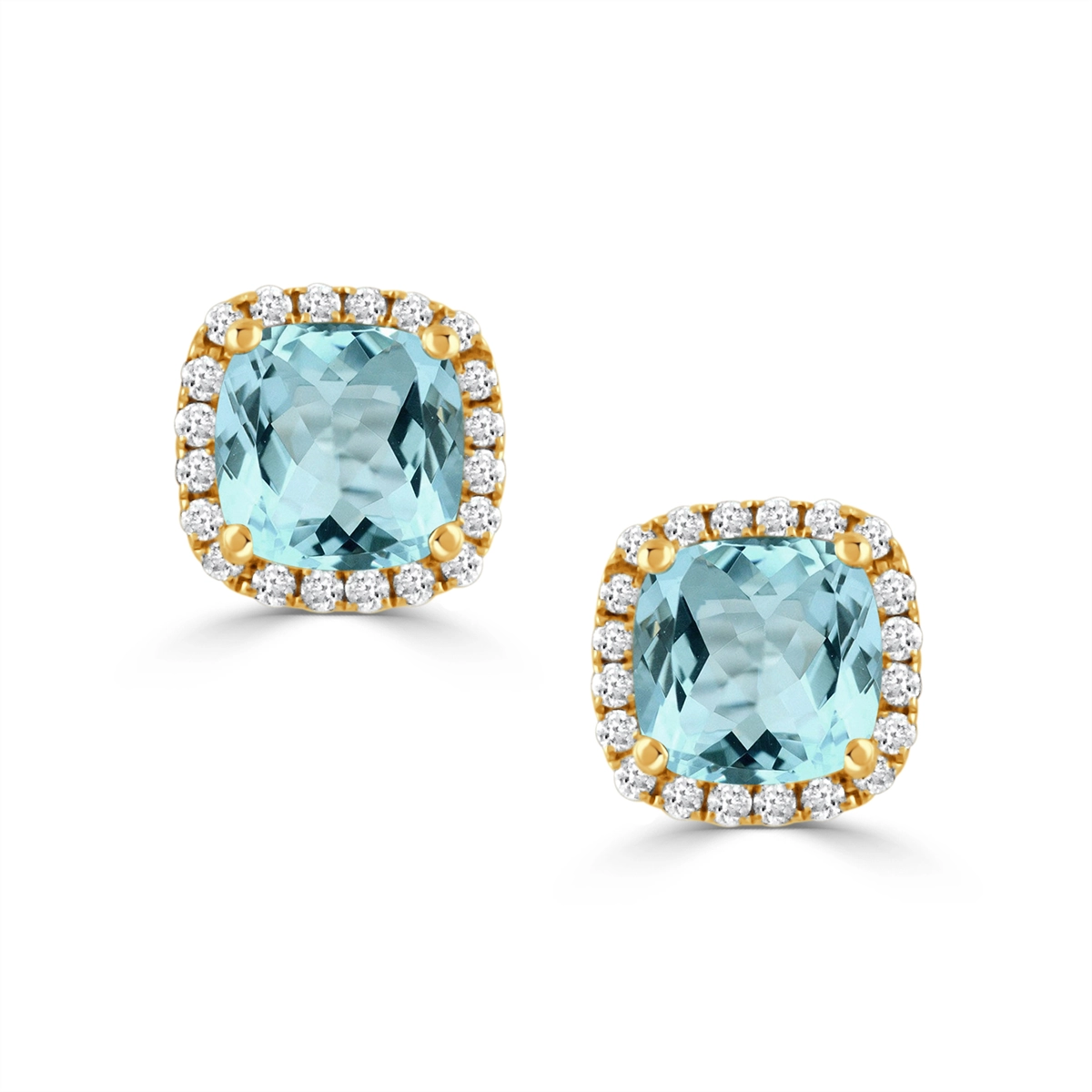 Doves 18K Yellow Gold Cushion Sky Blue Topaz with Diamond Halo Stud Earrings