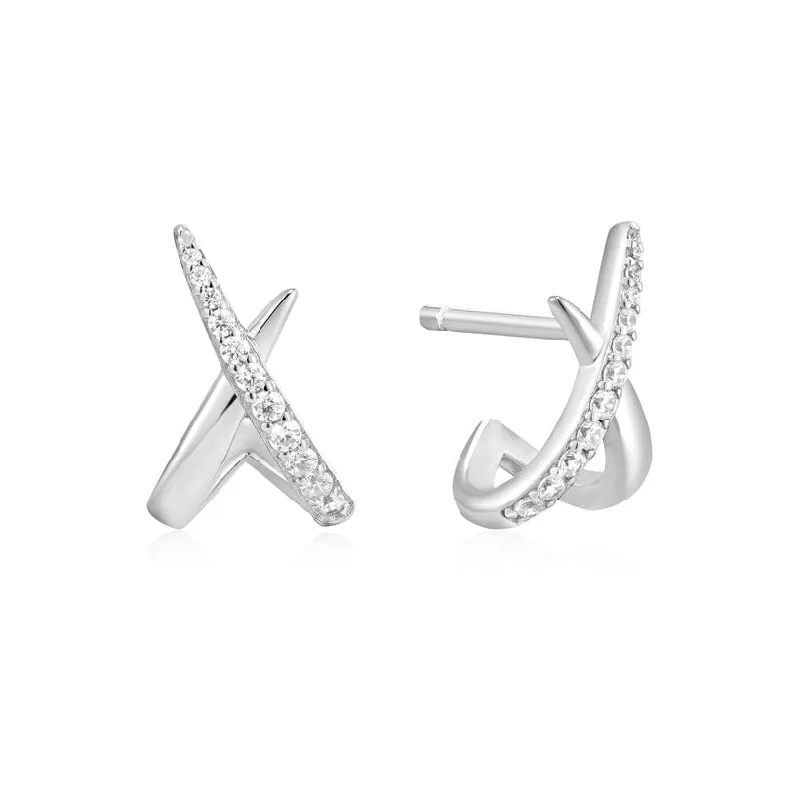 Silver Kiss Polished Pave Stud Earrings