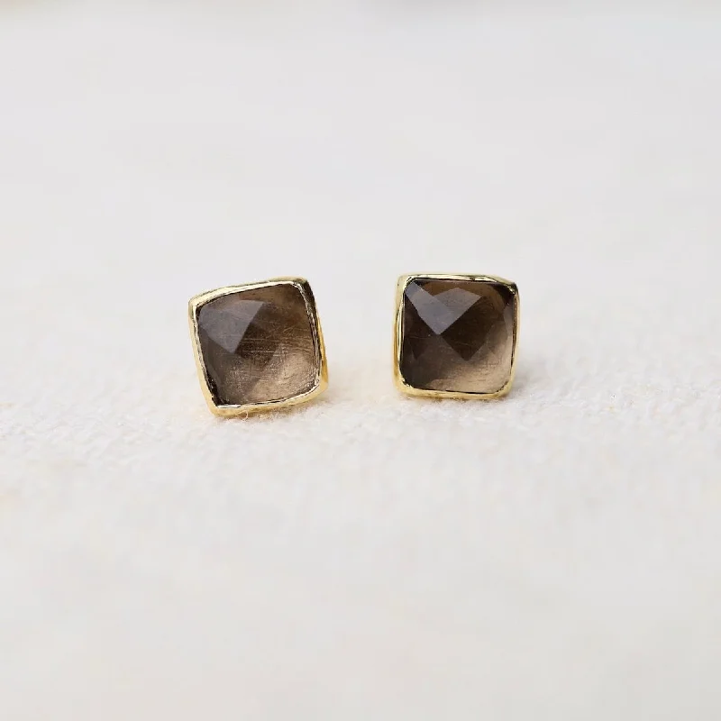 Madeline Stud Earrings - Vermeil Square - Smoky Quartz