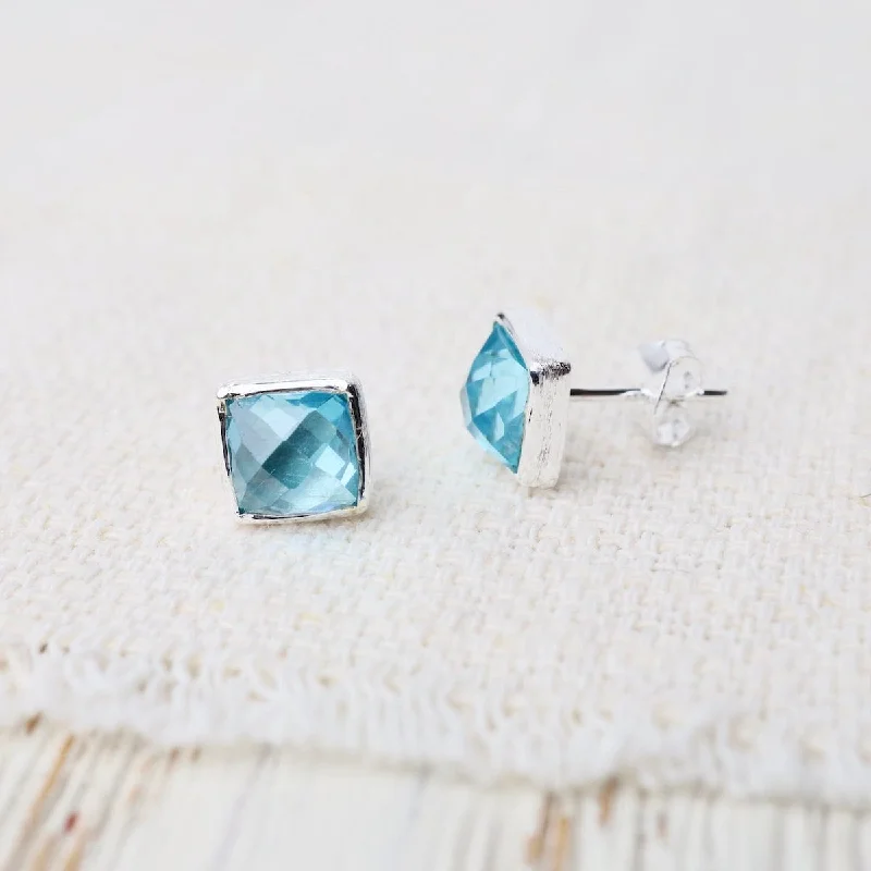 Silver Square Madeline Stud Earrings - Blue Topaz