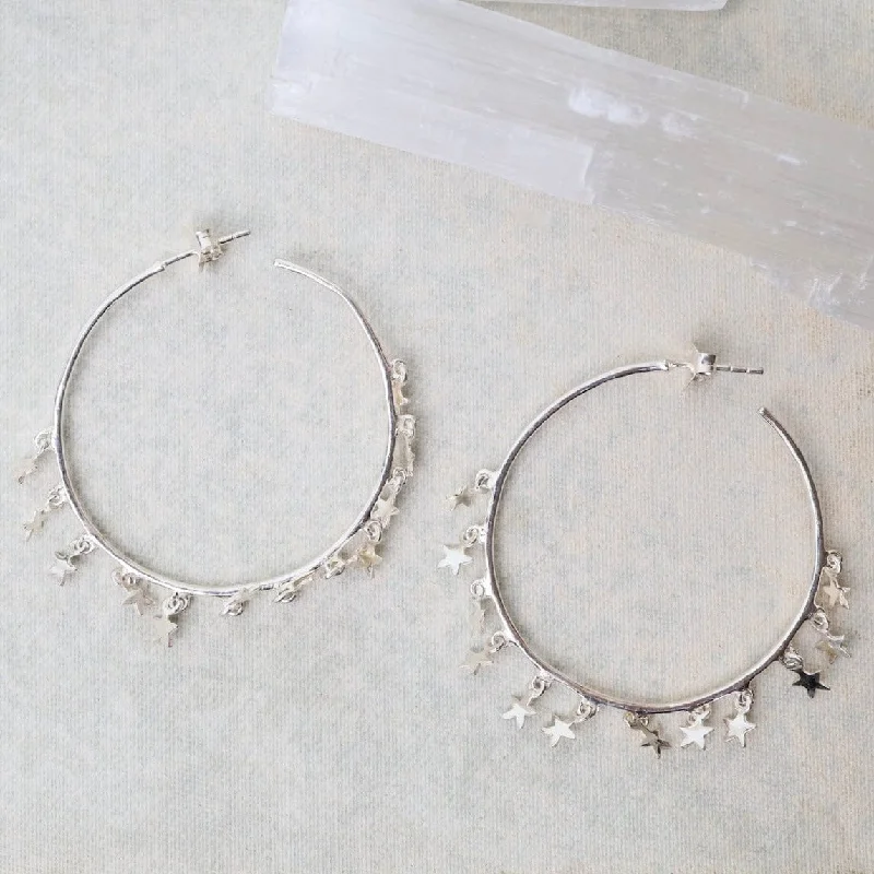 Sterling Silver Hoops with Tiny Star Charm Dangle Earrings